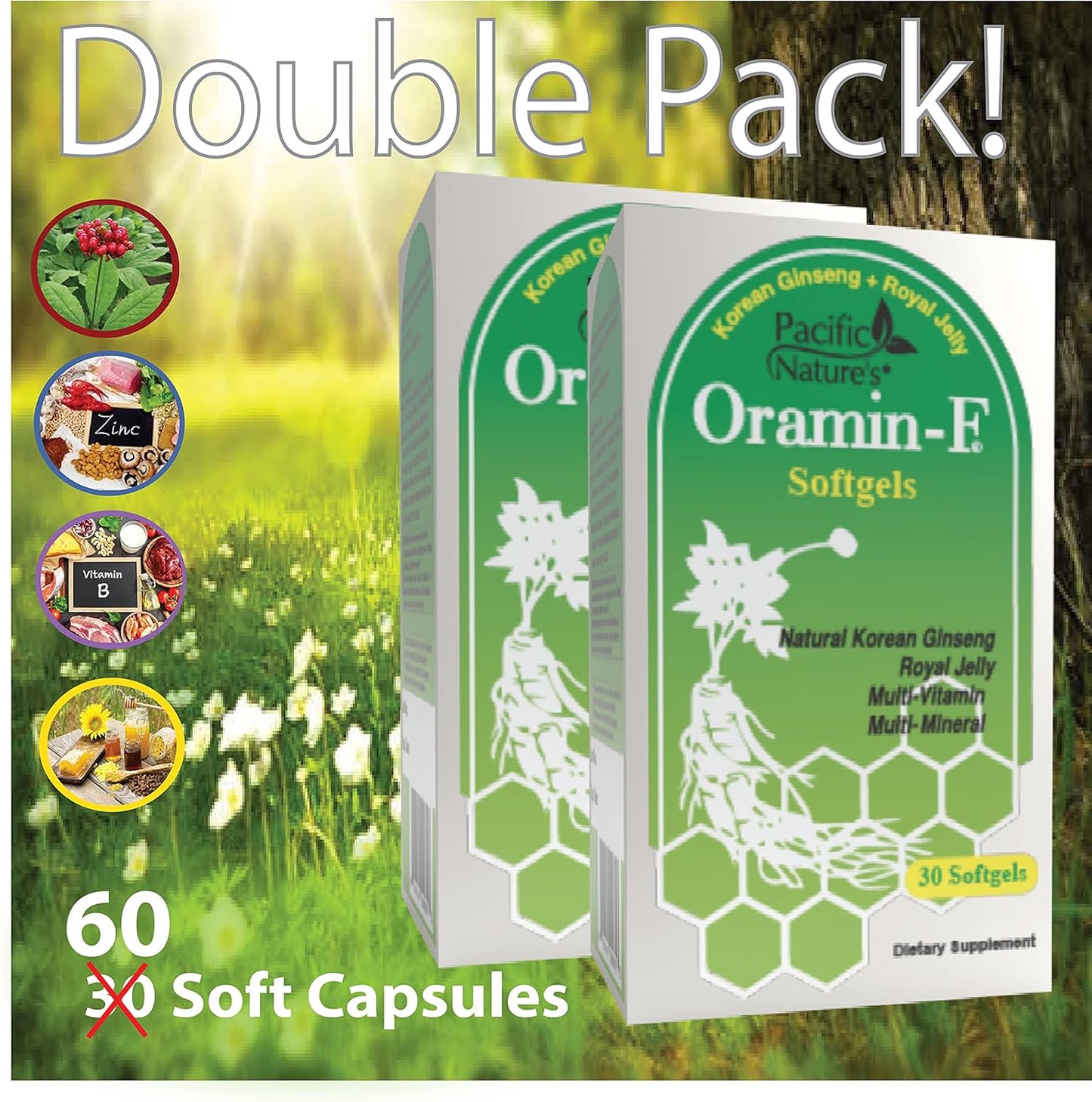 Pack of 2 Pacific Nature's Oramin F Softgels with Korean Ginseng, Royal Jelly, Vitamin B Complex, and Zinc for Energy & Immunity