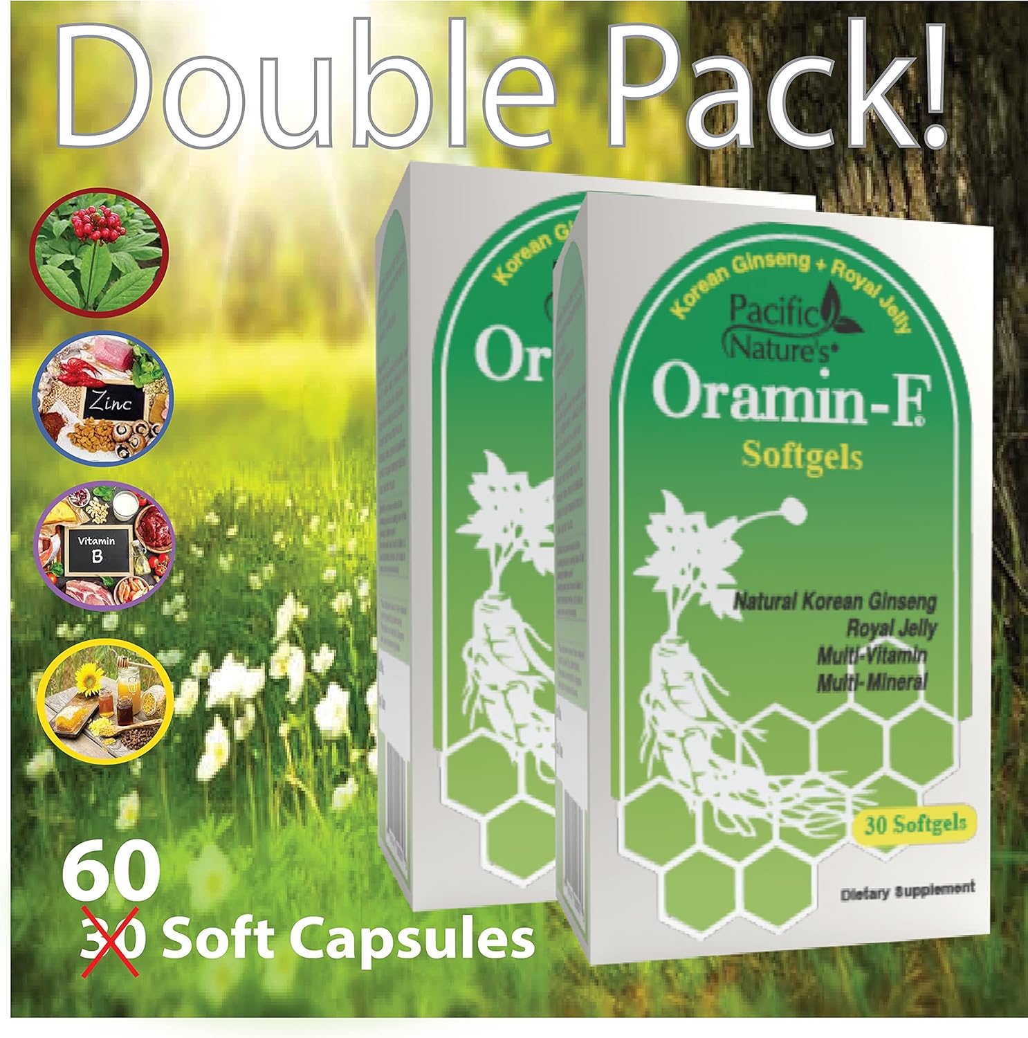 Pack of 2 Pacific Nature's Oramin F Softgels with Korean Ginseng, Royal Jelly, Vitamin B Complex, and Zinc for Energy & Immunity