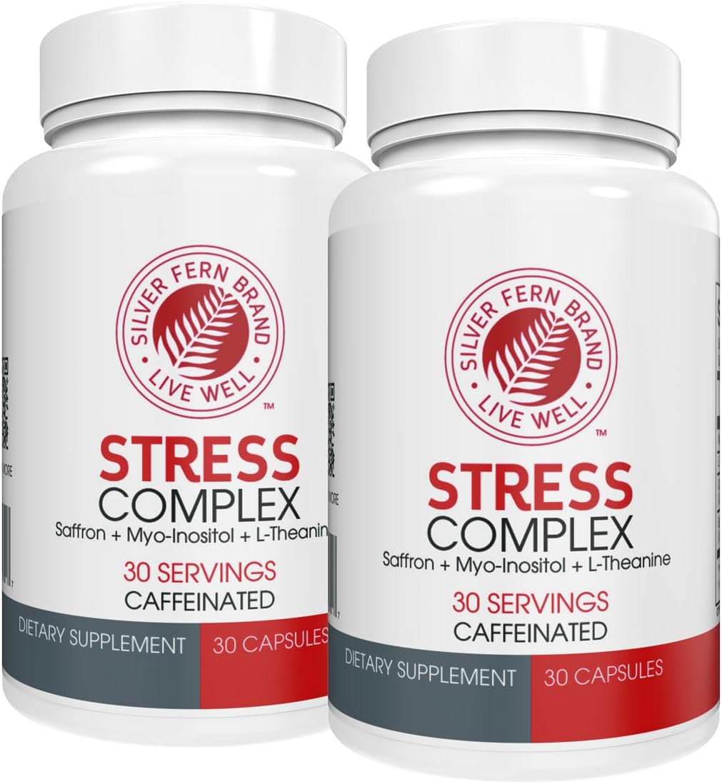 Pack of 2 Silver Fern Stress Complex Supplements with Caffeine, Saffron, L-Theanine, & Myo-inositol for Sleep, Worry, Mood, & Natural Stress Relief