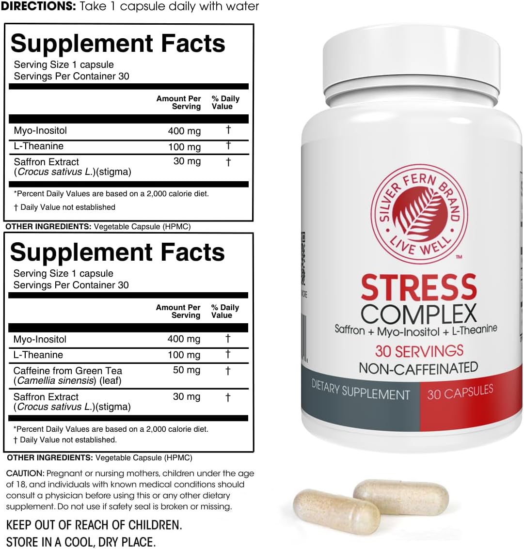 Pack of 2 Silver Fern Stress Complex Supplements with Caffeine, Saffron, L-Theanine, & Myo-inositol for Sleep, Worry, Mood, & Natural Stress Relief