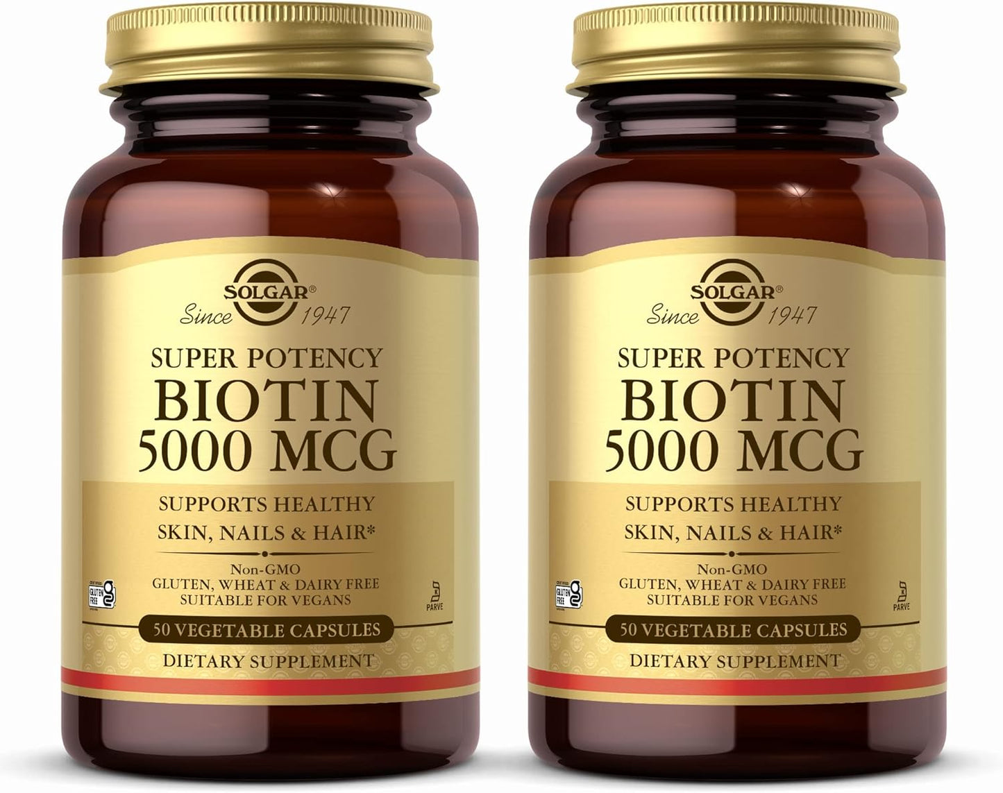 Pack of 2 Solgar Biotin 5000 mcg Vegetable Capsules for Healthy Skin, Nails & Hair - Non-GMO, Vegan, Gluten Free, Dairy Free, Kosher - 100 Servings