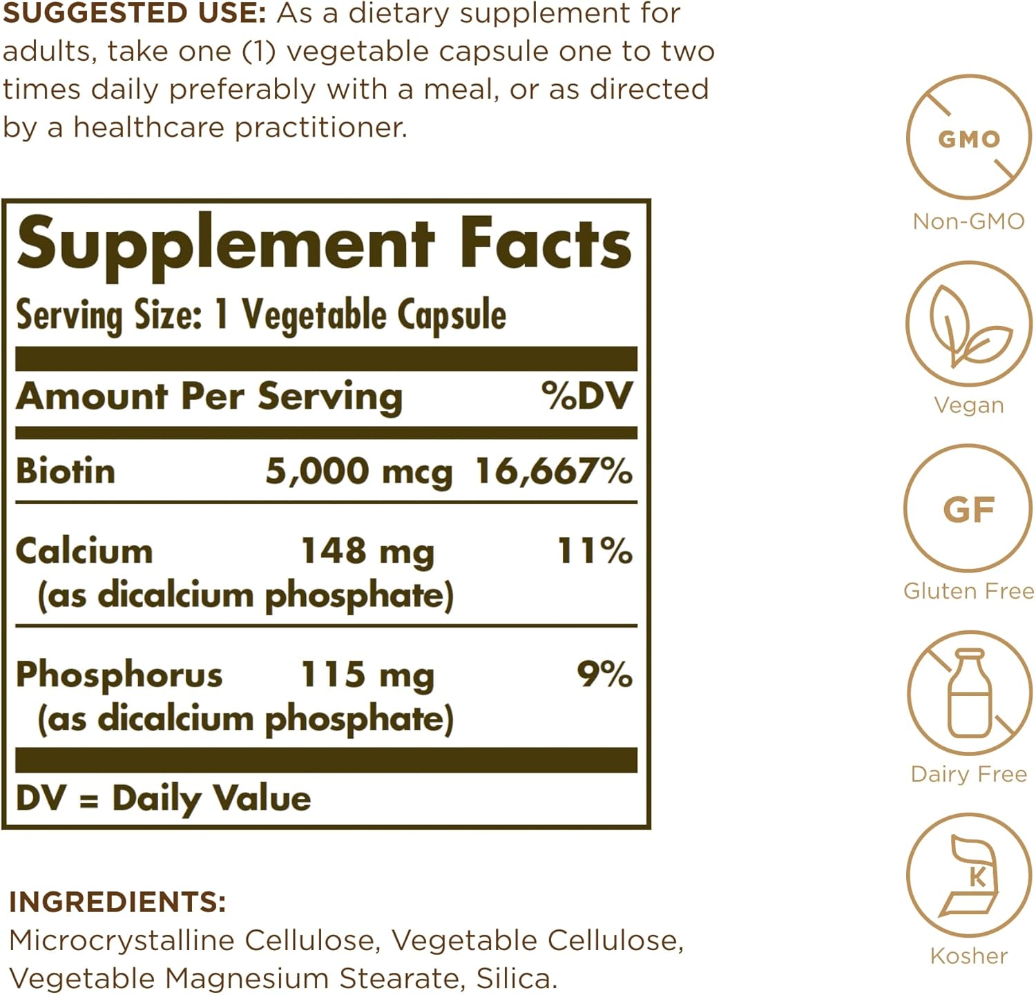 Pack of 2 Solgar Biotin 5000 mcg Vegetable Capsules for Healthy Skin, Nails & Hair - Non-GMO, Vegan, Gluten Free, Dairy Free, Kosher - 100 Servings
