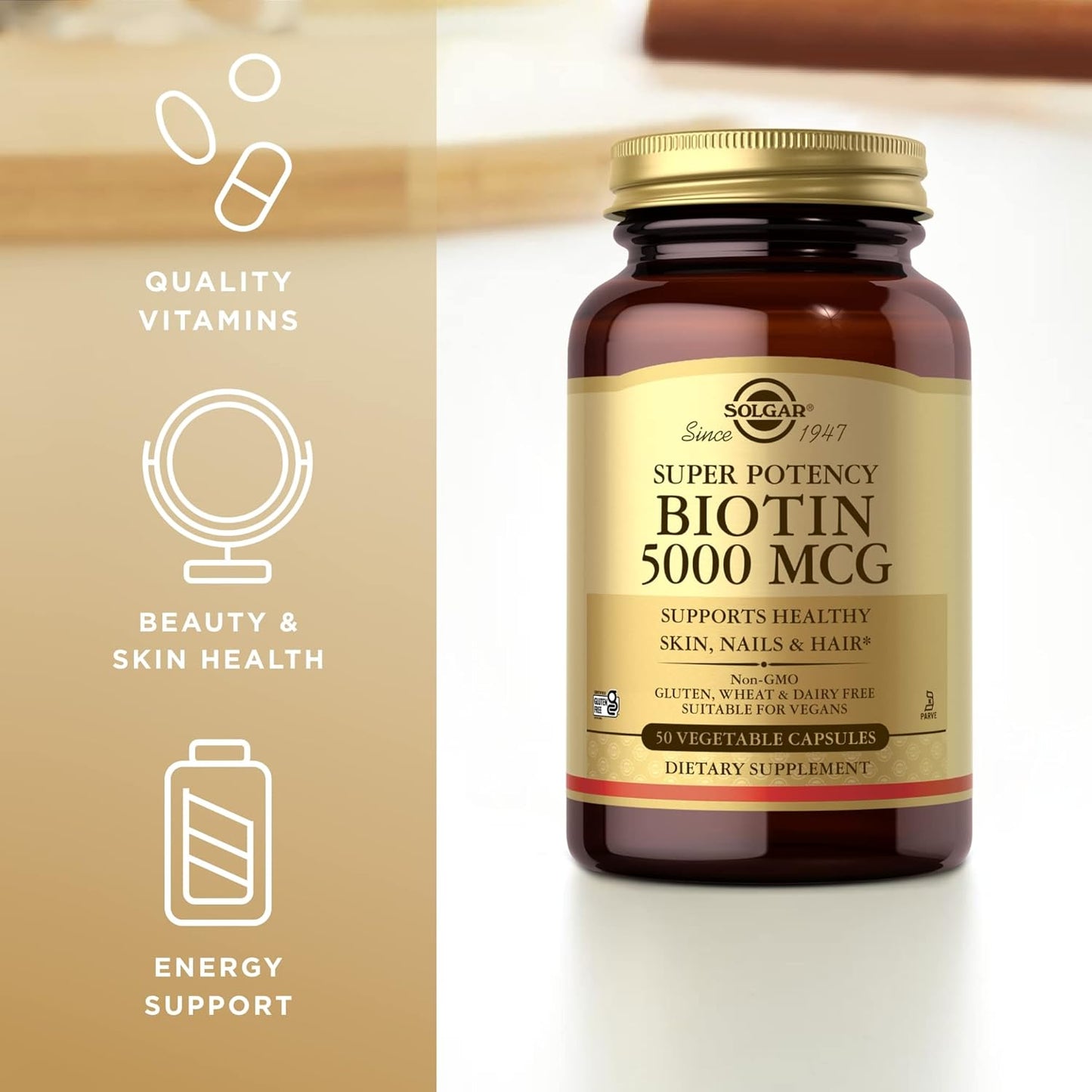 Pack of 2 Solgar Biotin 5000 mcg Vegetable Capsules for Healthy Skin, Nails & Hair - Non-GMO, Vegan, Gluten Free, Dairy Free, Kosher - 100 Servings