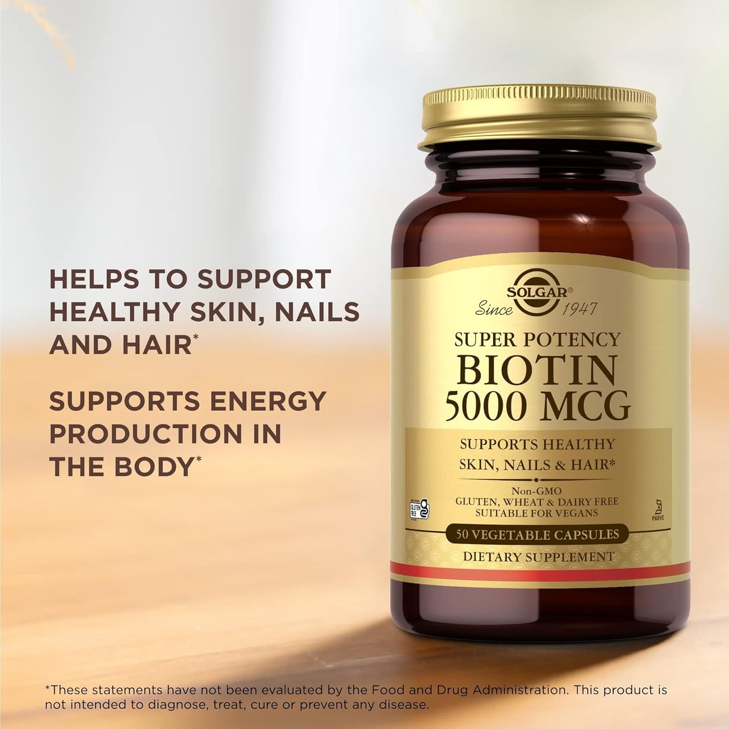 Pack of 2 Solgar Biotin 5000 mcg Vegetable Capsules for Healthy Skin, Nails & Hair - Non-GMO, Vegan, Gluten Free, Dairy Free, Kosher - 100 Servings