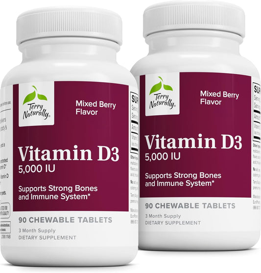 Pack of 2 Terry Naturally Chewable Vitamin D3 5,000 IU Tablets - Mixed Berry Flavor - Supports Bone, Teeth & Immune System - Non-GMO, Gluten Free - 180 Servings
