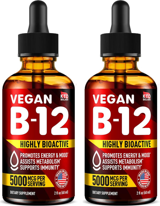 Pack of 2 Vegan B12 Sublingual Drops for Energy, Mood & Memory - 5000 mcg Methylcobalamin - Made in USA - Highly Bioavailable - 2 fl. oz.