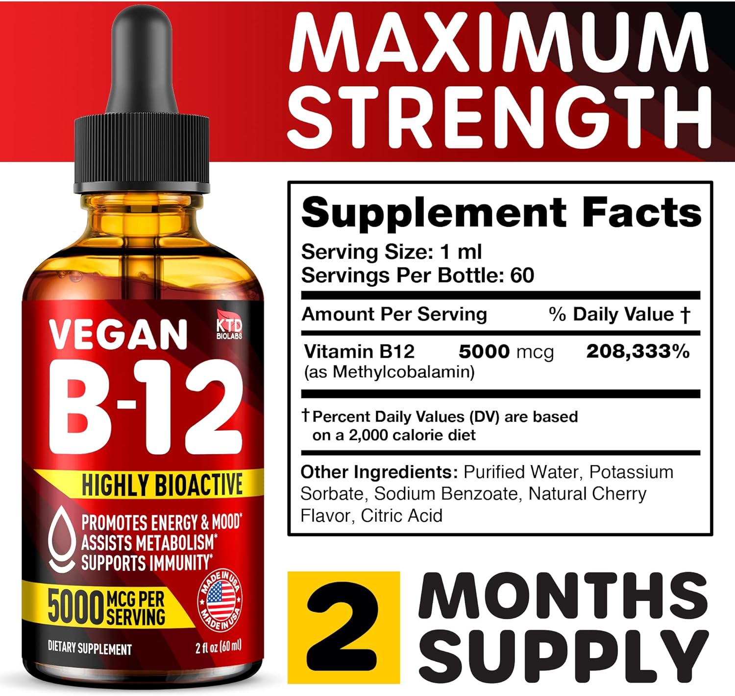 Pack of 2 Vegan B12 Sublingual Drops for Energy, Mood & Memory - 5000 mcg Methylcobalamin - Made in USA - Highly Bioavailable - 2 fl. oz.
