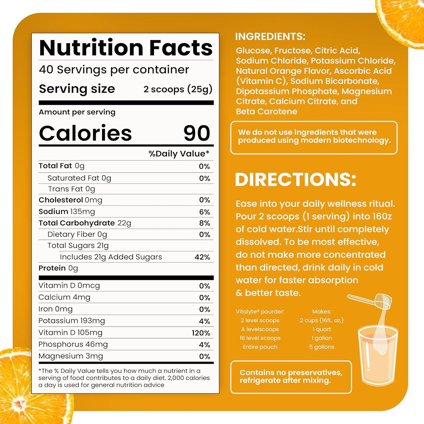 Pack of 2 Vitalyte Isotonic Electrolyte Powder Drink Mix, Gluten-Free Post-Workout Hydration - 35 oz. Each, Orange Flavor