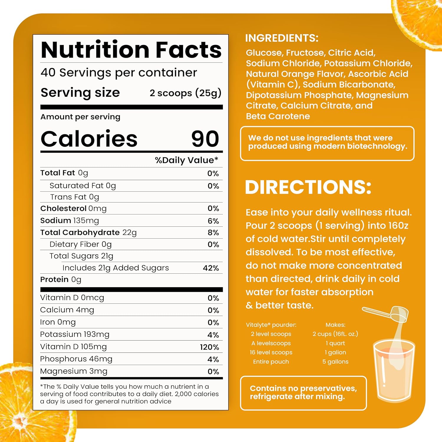 Pack of 2 Vitalyte Isotonic Electrolyte Powder Drink Mix, Gluten-Free Post-Workout Hydration - 35 oz. Each, Orange Flavor