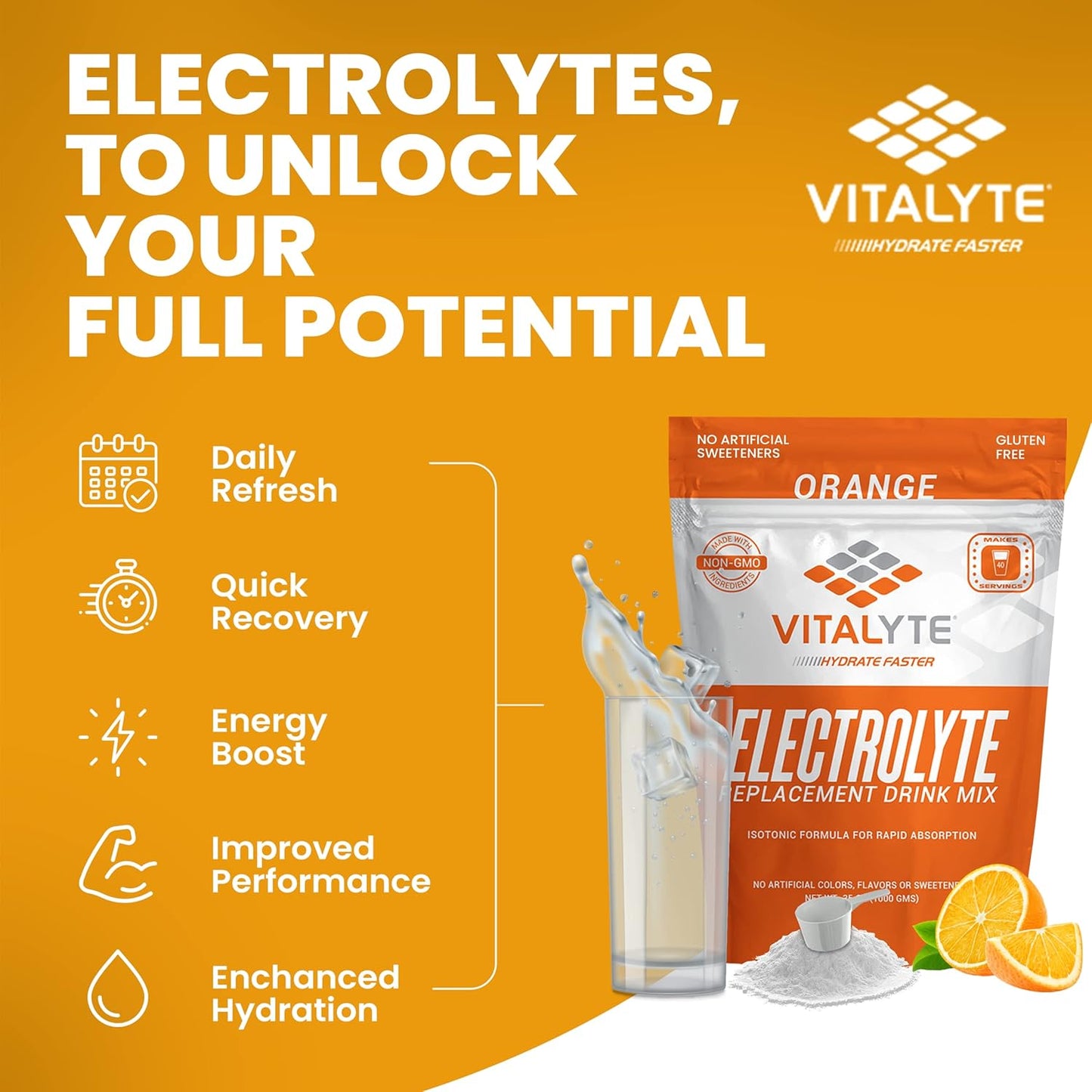 Pack of 2 Vitalyte Isotonic Electrolyte Powder Drink Mix, Gluten-Free Post-Workout Hydration - 35 oz. Each, Orange Flavor
