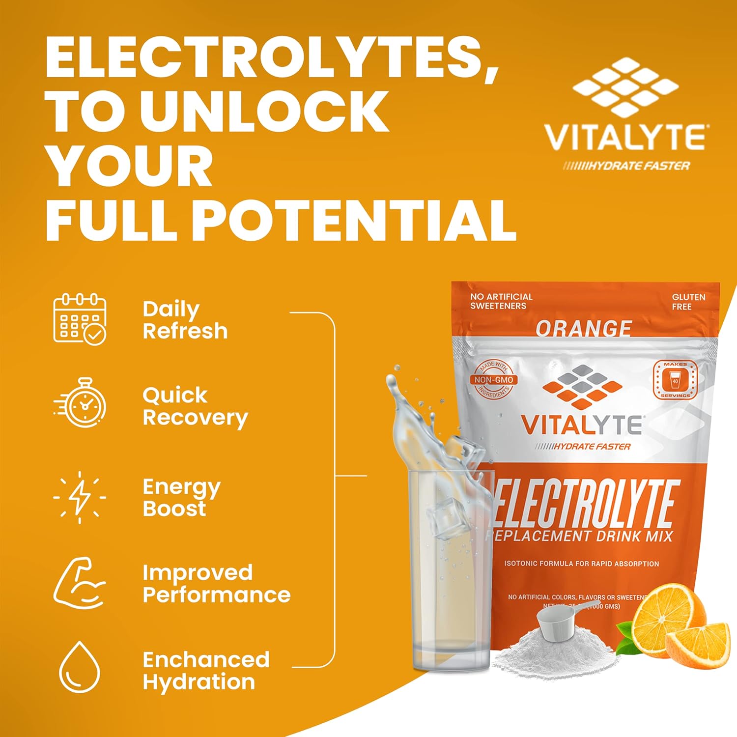 Pack of 2 Vitalyte Isotonic Electrolyte Powder Drink Mix, Gluten-Free Post-Workout Hydration - 35 oz. Each, Orange Flavor