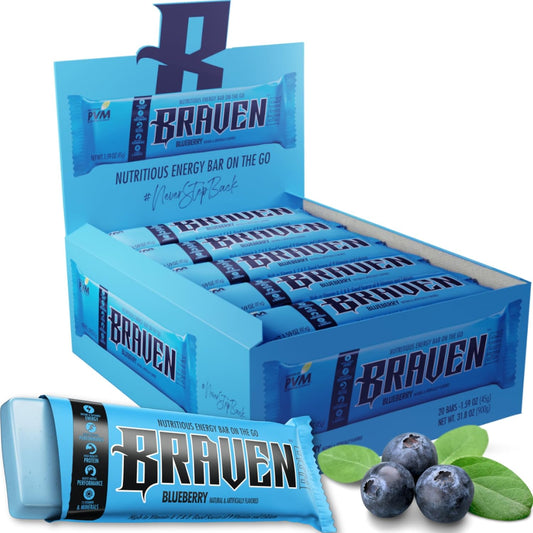 Pack of 20 Braven Bar Blueberry Energy Chews with 5g Protein - Gluten Free Snacks for On-the-Go Energy Boost while Running, Hiking, and Sports - 1.59 oz Bars for Sustained Energy