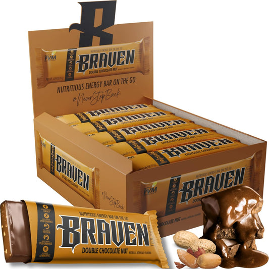 Pack of 20 Braven Bar Double Chocolate Nut Energy Bars - 5g Protein Energy Chews for Running, Hiking, Sports - Gluten Free On-the-Go Snacks