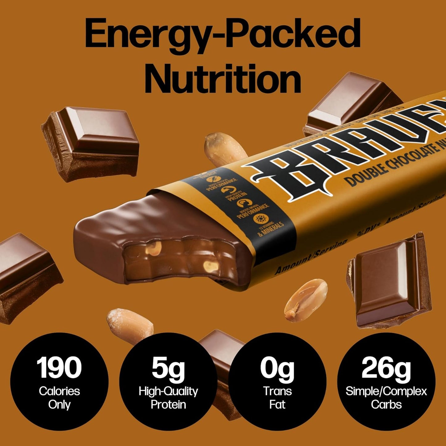 Pack of 20 Braven Bar Double Chocolate Nut Energy Bars - 5g Protein Energy Chews for Running, Hiking, Sports - Gluten Free On-the-Go Snacks