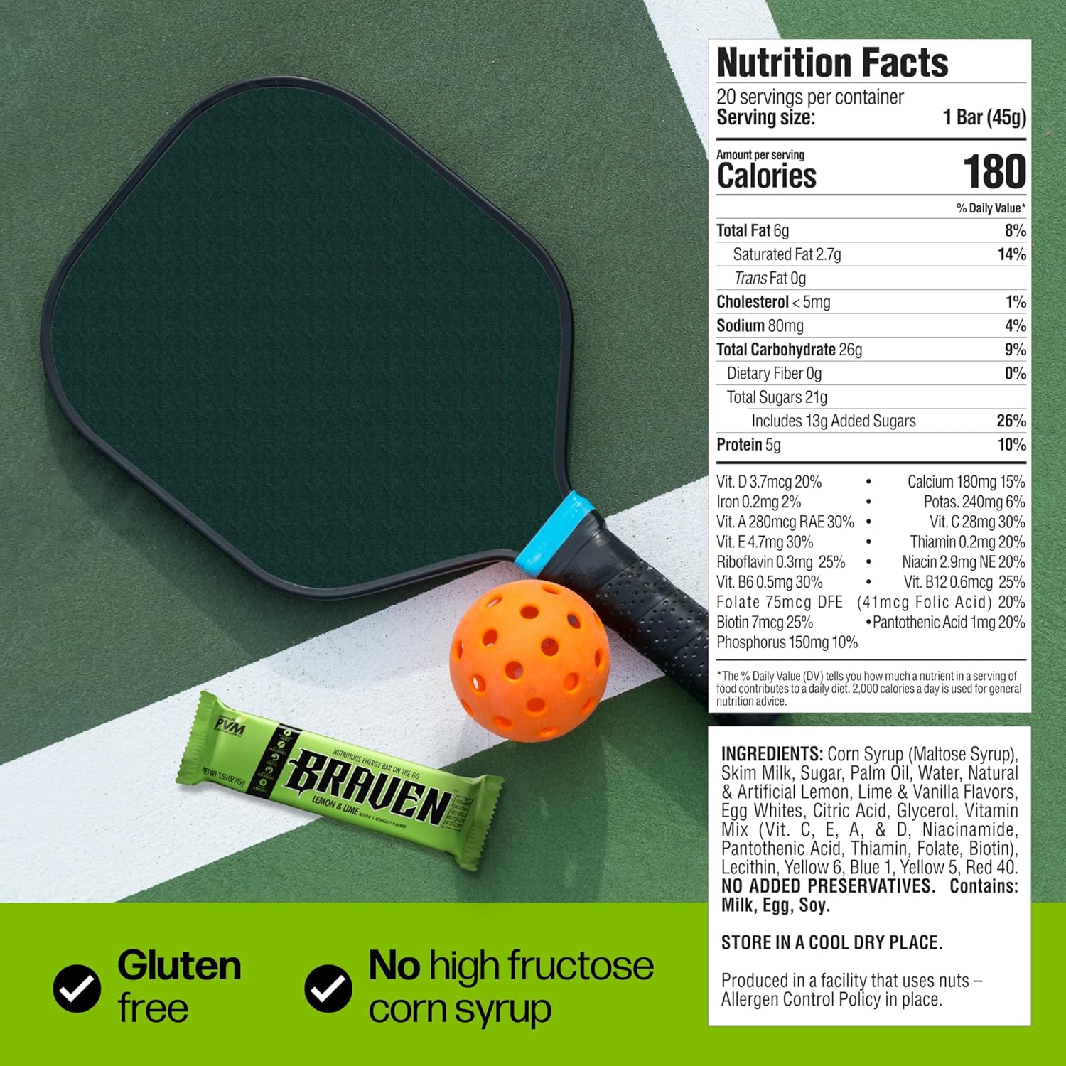 Pack of 20 Braven Bar Lemon Lime Energy Bars - 1.59 oz Protein Chews for Running, Hiking, Sports - Gluten Free On-the-Go Snacks for Sustained Energy Boost