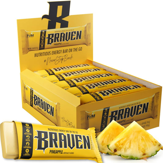 Pack of 20 Braven Bar Pineapple Energy Bars - 1.59 oz Energy Chews with 5g Protein - Gluten Free On-the-Go Snacks for Running, Hiking, Sports - Sustained Energy Boost