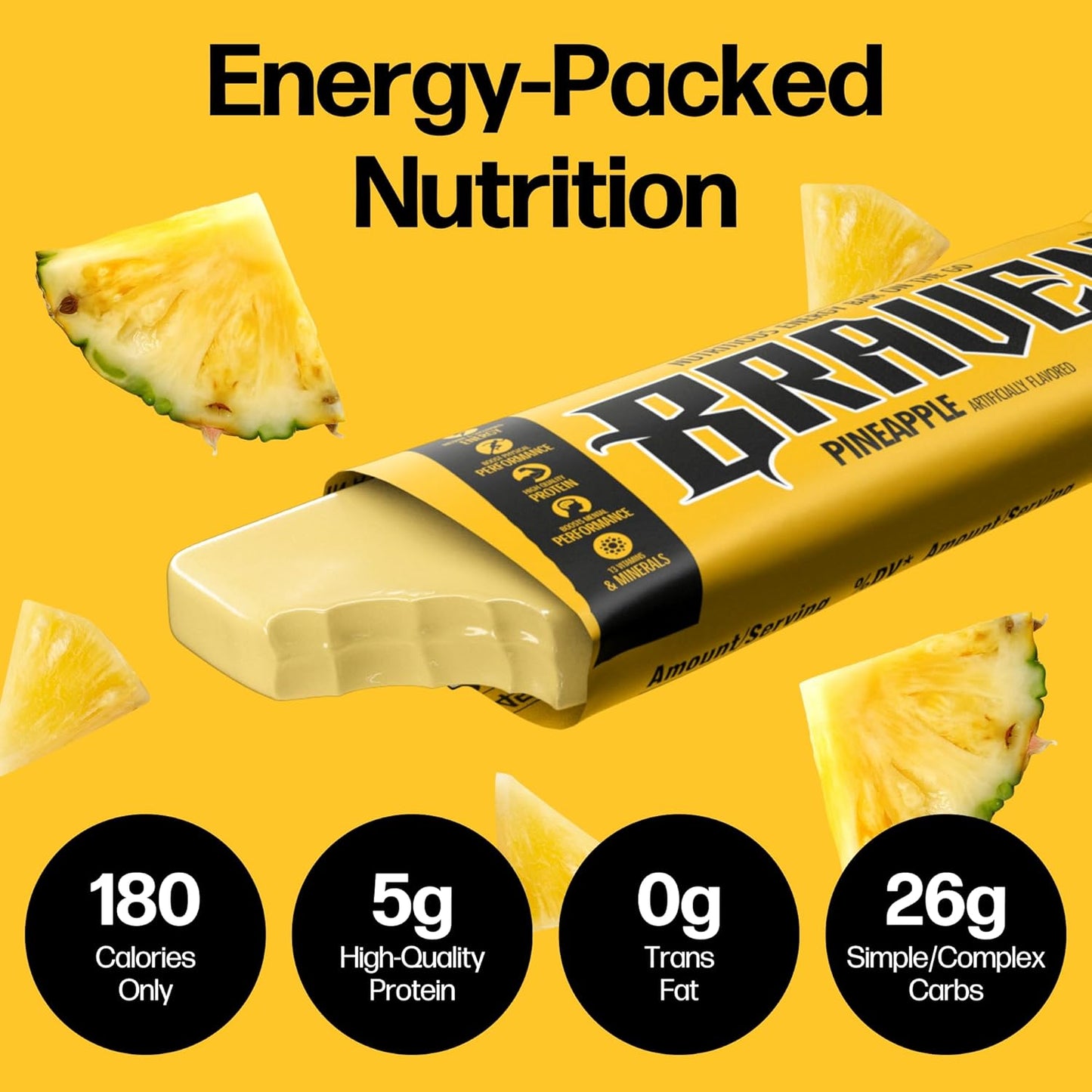 Pack of 20 Braven Bar Pineapple Energy Bars - 1.59 oz Energy Chews with 5g Protein - Gluten Free On-the-Go Snacks for Running, Hiking, Sports - Sustained Energy Boost