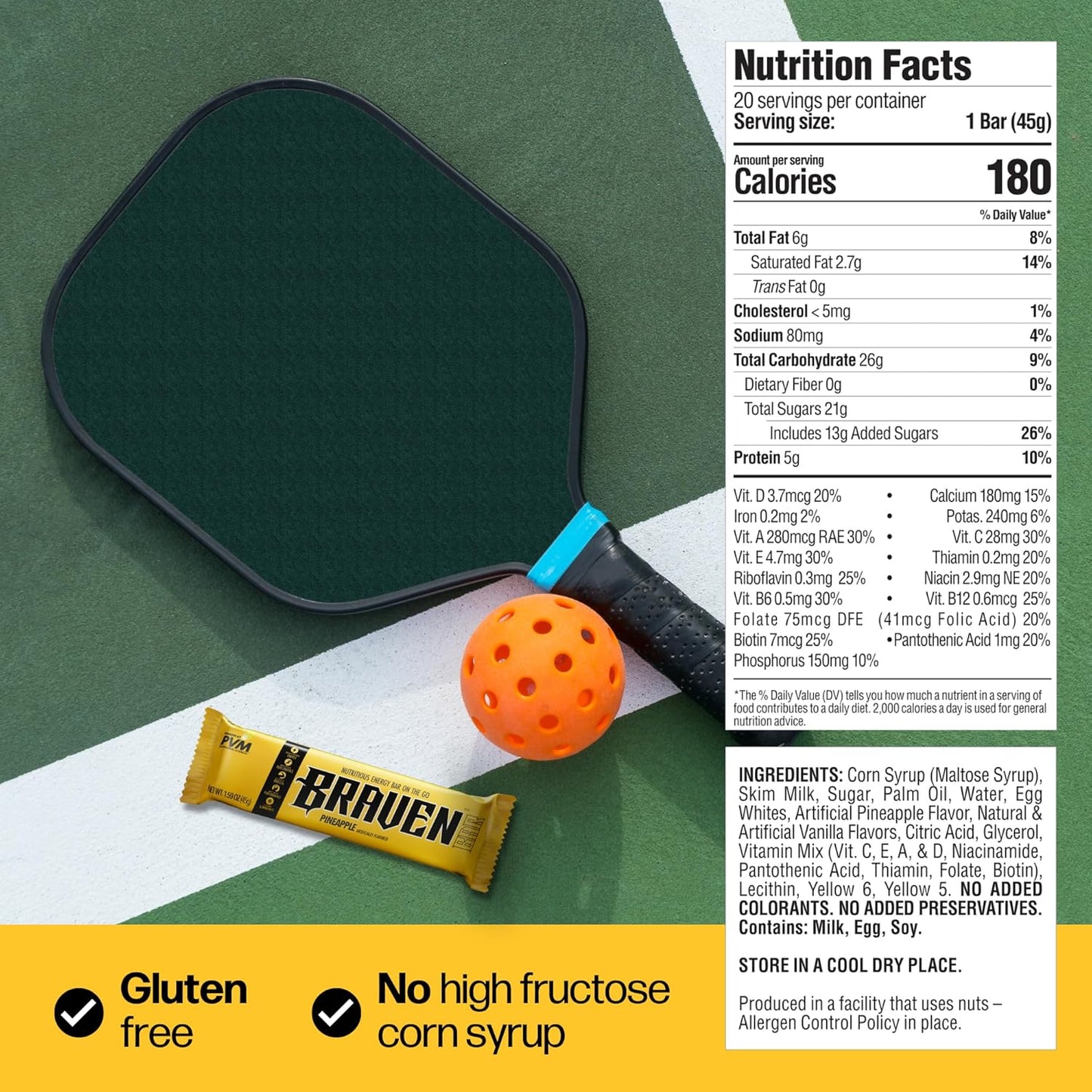 Pack of 20 Braven Bar Pineapple Energy Bars - 1.59 oz Energy Chews with 5g Protein - Gluten Free On-the-Go Snacks for Running, Hiking, Sports - Sustained Energy Boost