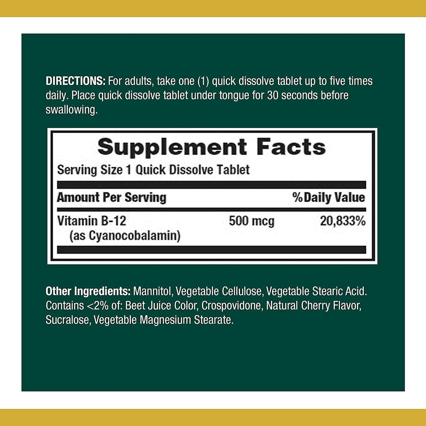Pack of 200 Nature's Bounty Vitamin B12 Tablets for Energy and Nervous System Support