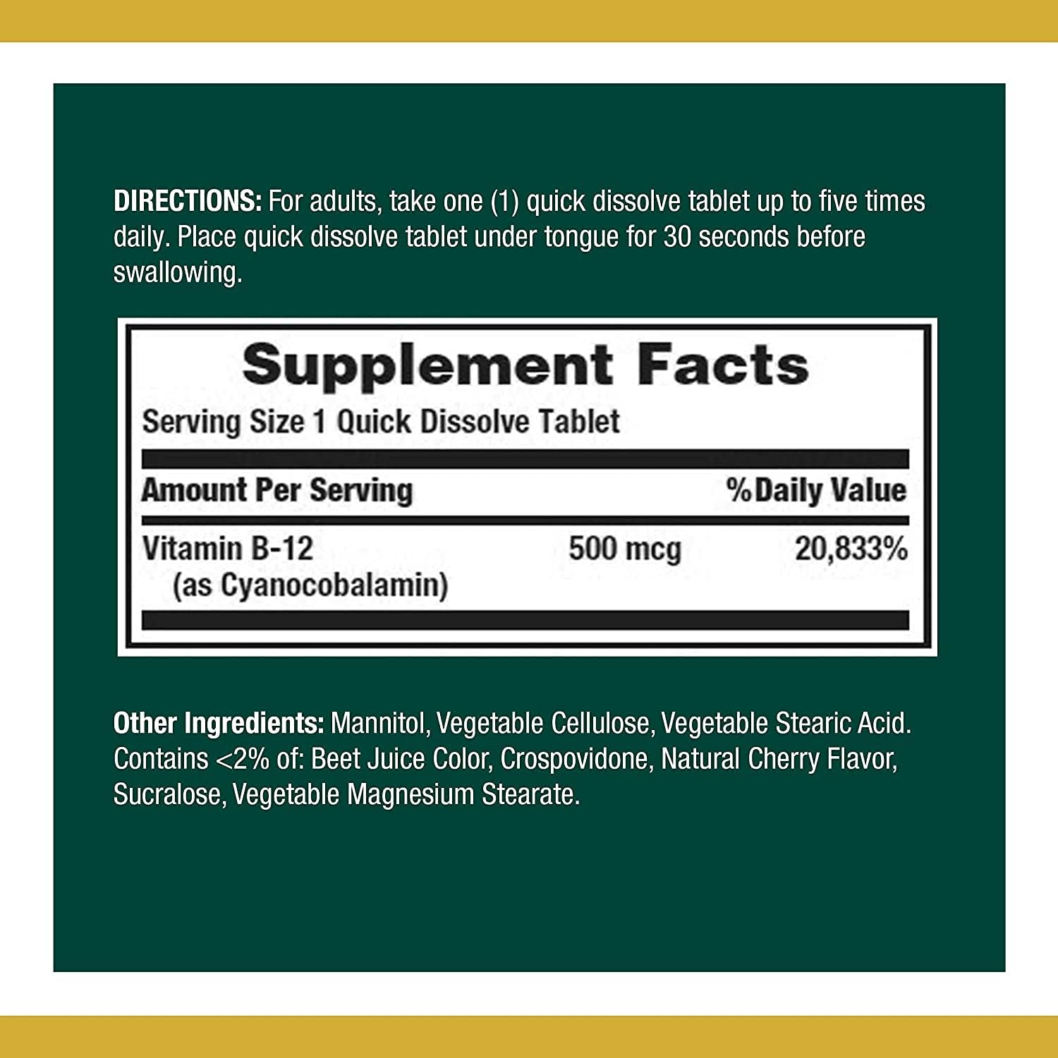 Pack of 200 Nature's Bounty Vitamin B12 Tablets for Energy and Nervous System Support