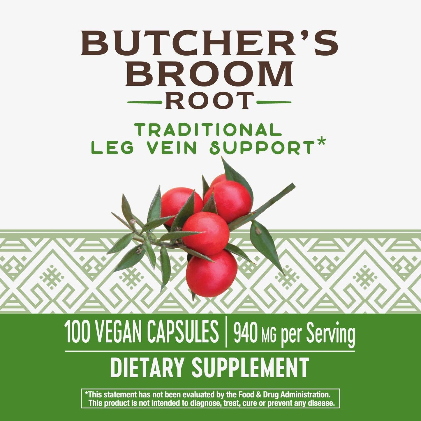 Pack of 200 Vegan Capsules Butcher's Broom Root for Leg Vein Support by Nature's Way