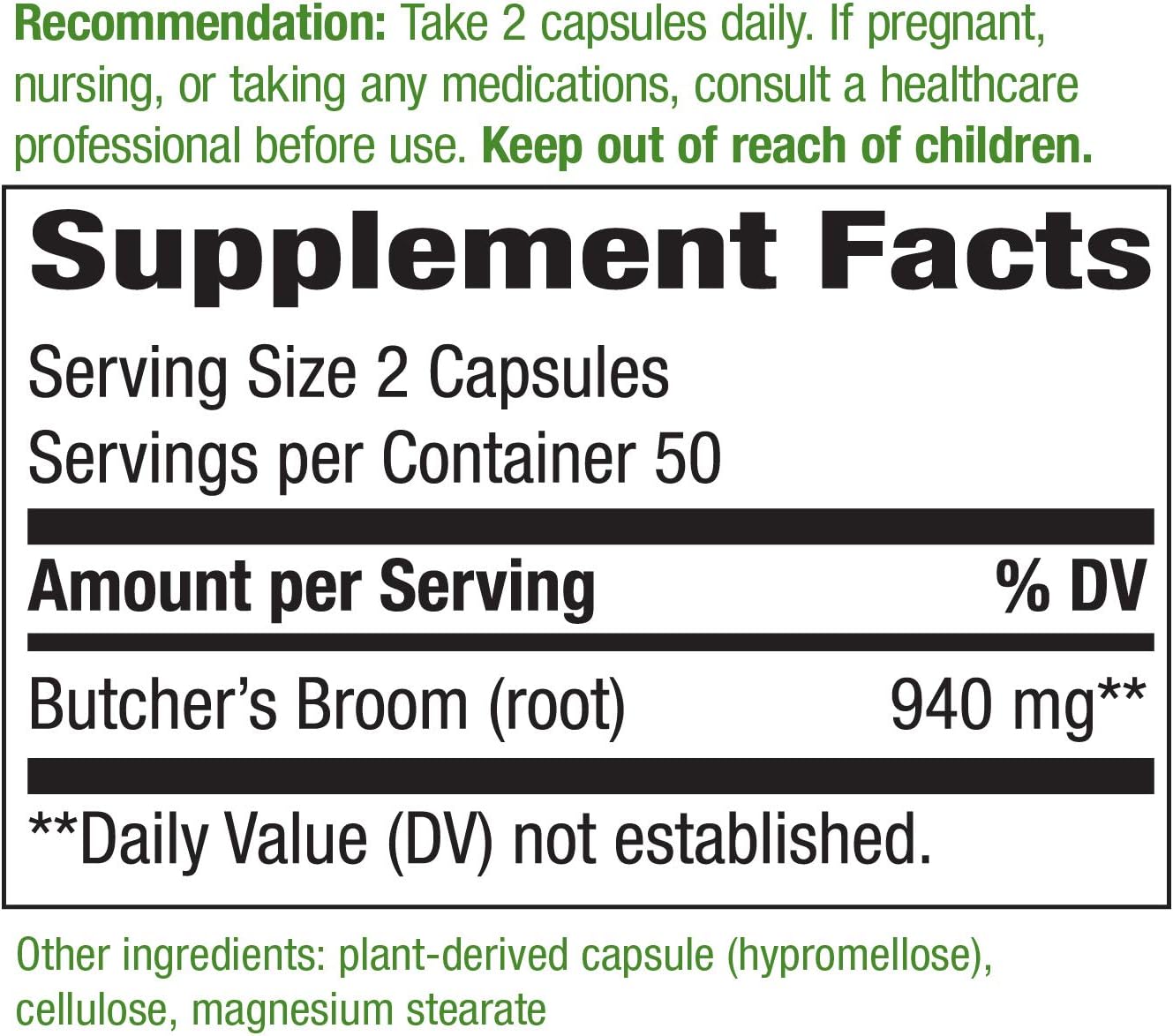 Pack of 200 Vegan Capsules Butcher's Broom Root for Leg Vein Support by Nature's Way