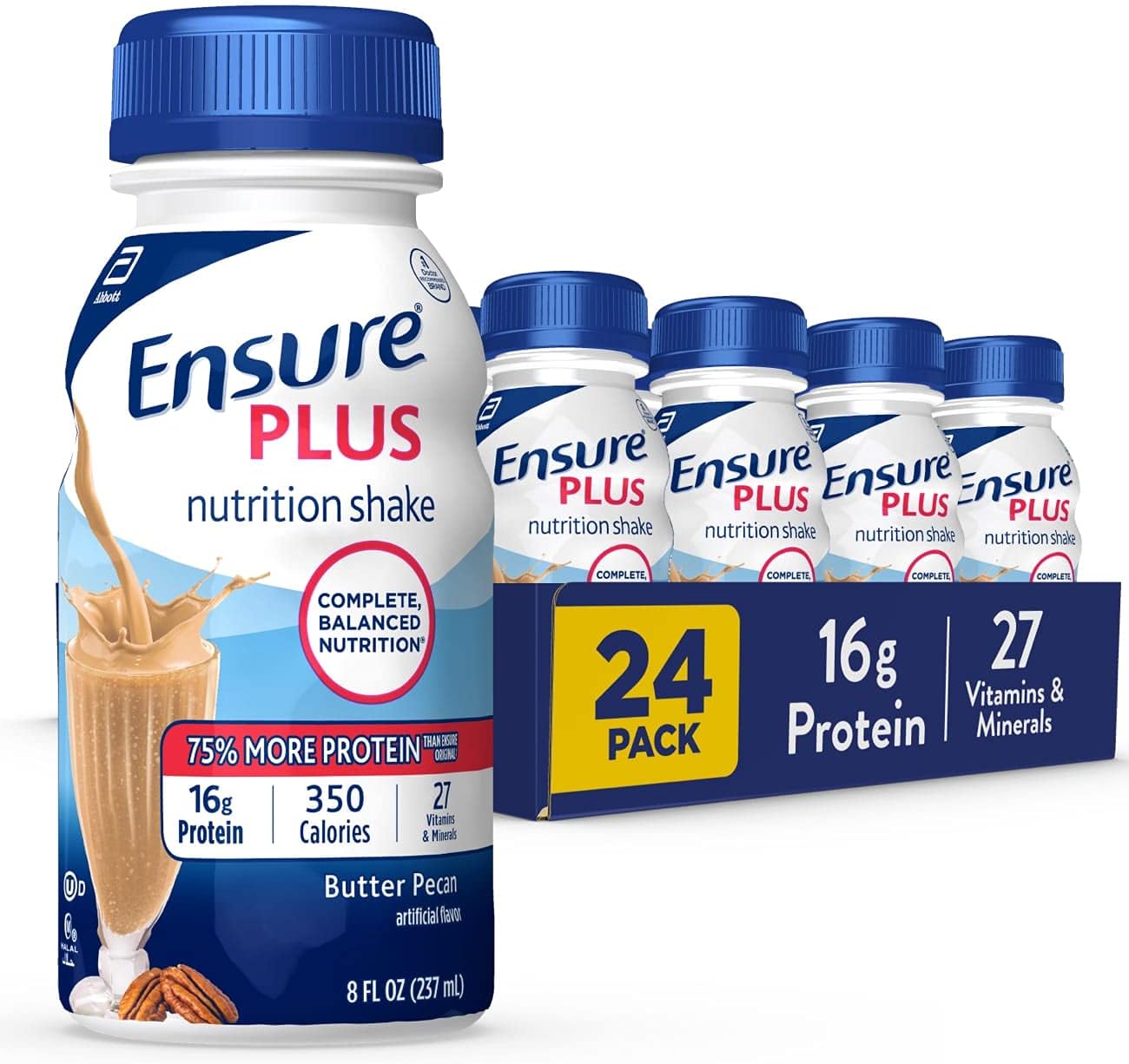 Pack of 24 Ensure Plus Nutrition Shakes Vanilla with 16g Protein & Fiber