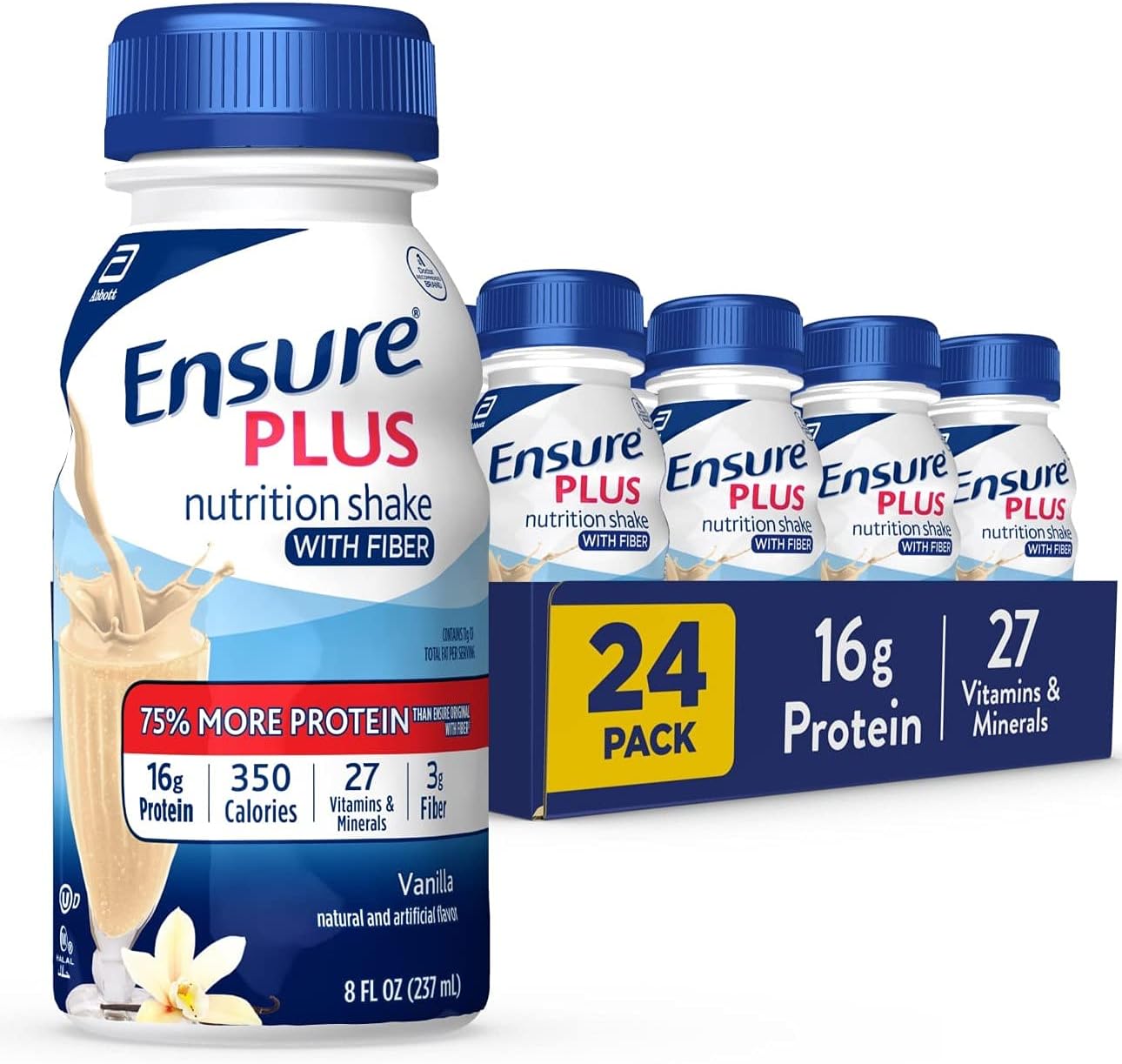 Pack of 24 Ensure Plus Nutrition Shakes Vanilla with 16g Protein & Fiber
