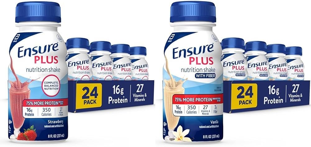 Pack of 24 Ensure Plus Nutrition Shakes with 16g Protein, Vanilla Flavor, 8 Fl Oz Bottle - Includes Fiber for Added Nutrition