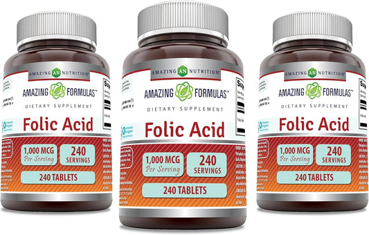 Pack of 240 Amazing Nutrition Folic Acid 1000 mcg Tablets - Non-GMO, Gluten Free, Made in USA - Vitamin B9 Supplement