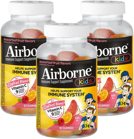 Pack of 3 Airborne Kids 500mg Vitamin C Gummies with Zinc, Powerful Antioxidants, Immune Support for Kids, 63 Assorted Fruit Flavor Gummies