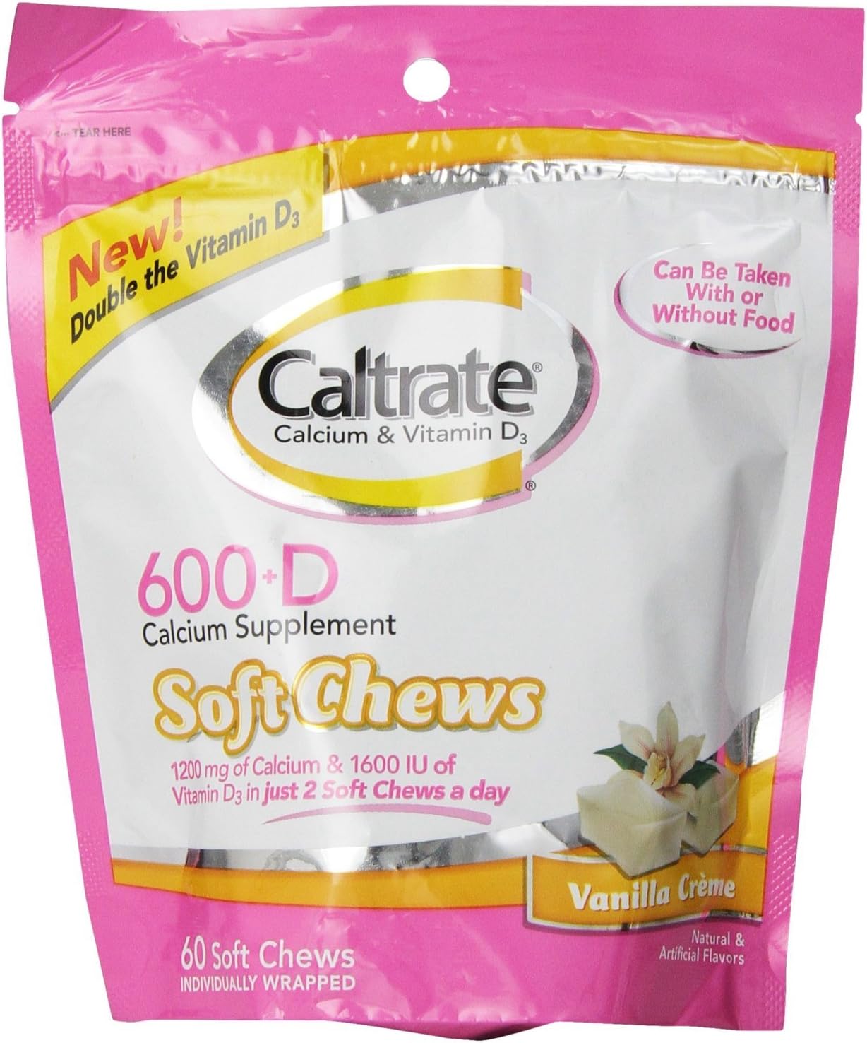 Pack of 3 Caltrate Calcium and Vitamin D Vanilla Creme Soft Chews, 60 Count