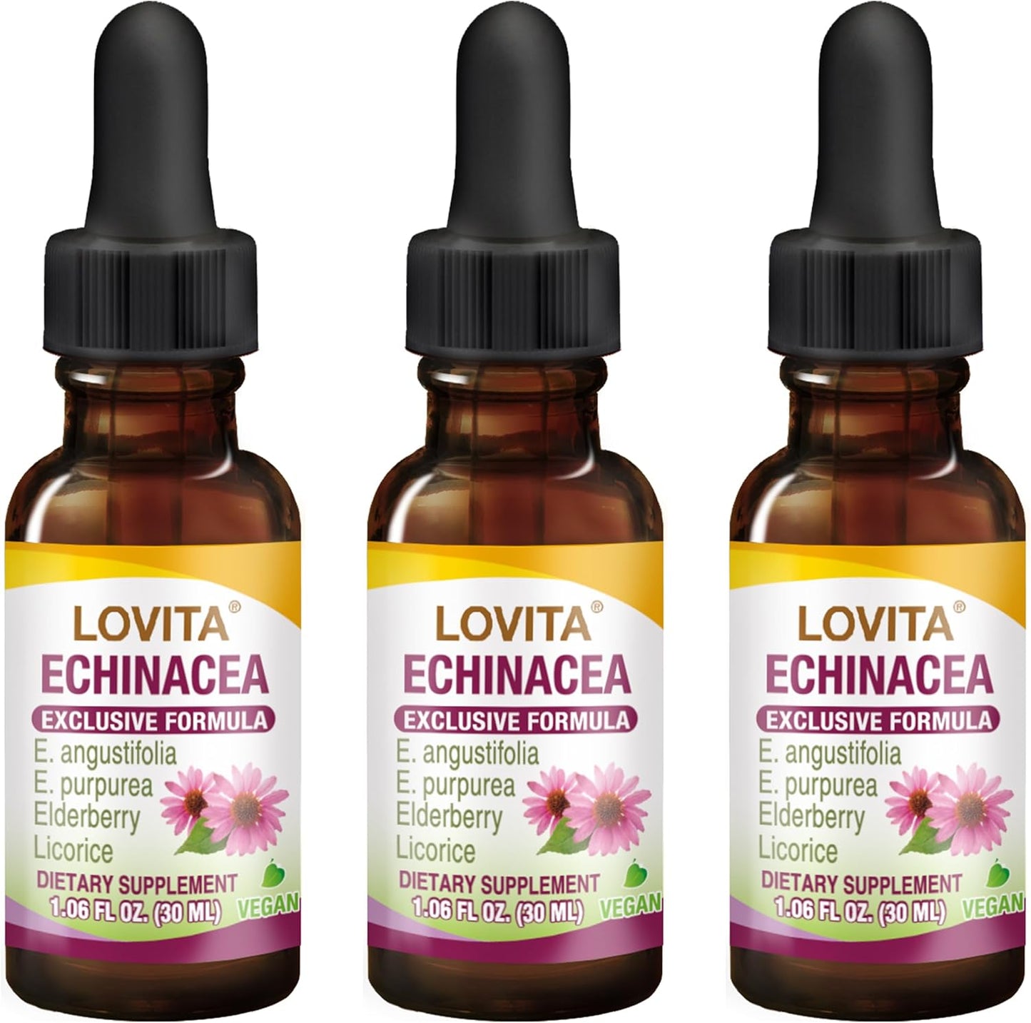 Pack of 3 Echinacea Extract Liquid Drops | 1 FL OZ | 350 mg per Serving | Herbal Tincture with Elderberry and Licorice | Vegan Formula | Alcohol-Free
