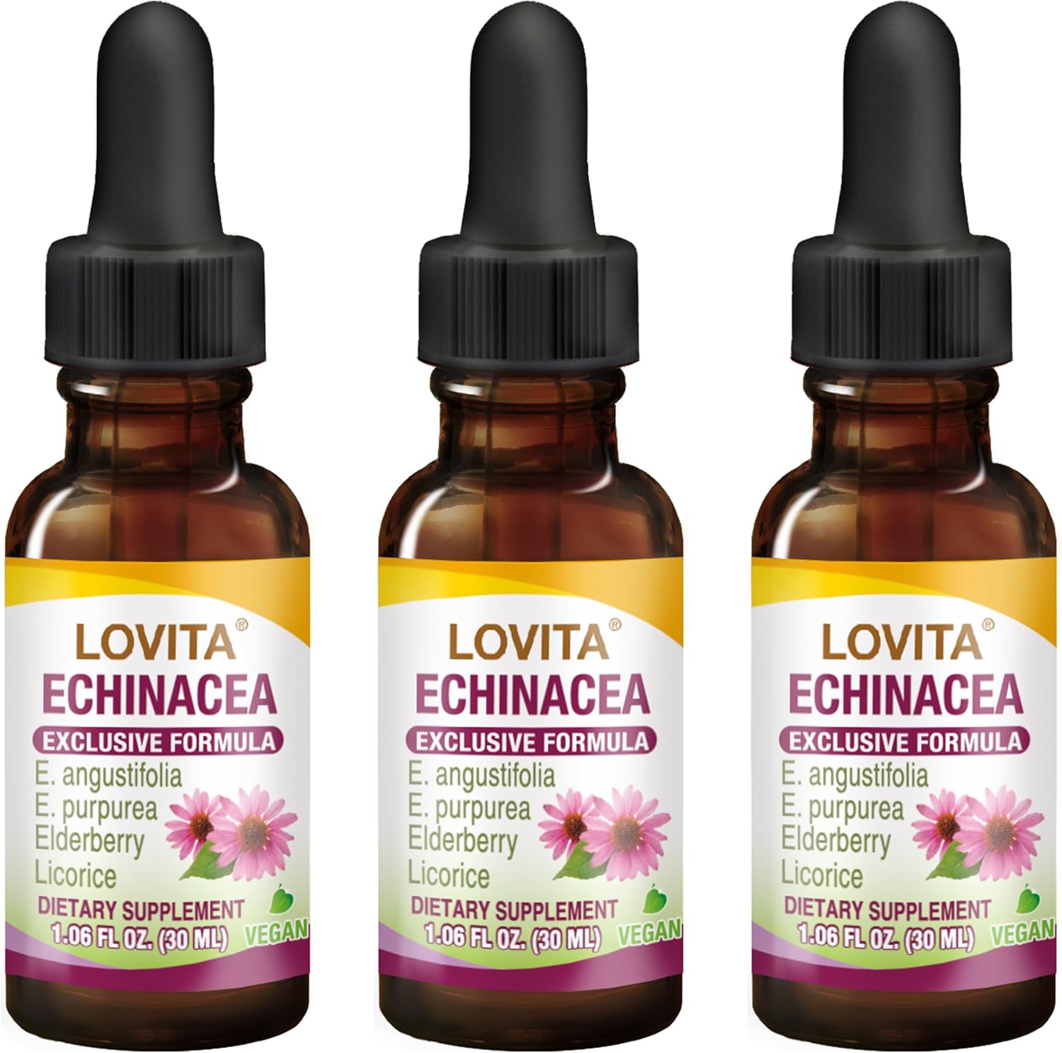 Pack of 3 Echinacea Extract Liquid Drops | 1 FL OZ | 350 mg per Serving | Herbal Tincture with Elderberry and Licorice | Vegan Formula | Alcohol-Free