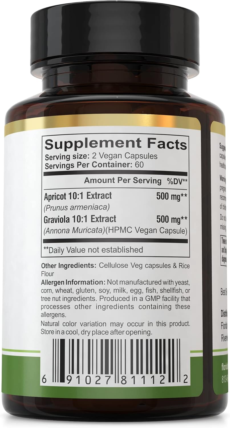 Pack of 3 Florida Herbal Pharmacy Apricot-Graviola Capsules 10:1 (360 Capsules, 500mg)