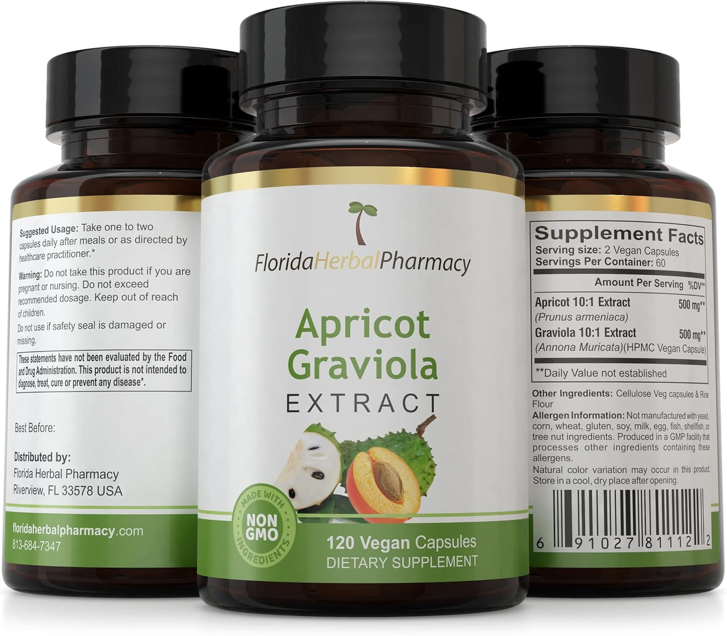 Pack of 3 Florida Herbal Pharmacy Apricot-Graviola Capsules 10:1 (360 Capsules, 500mg)