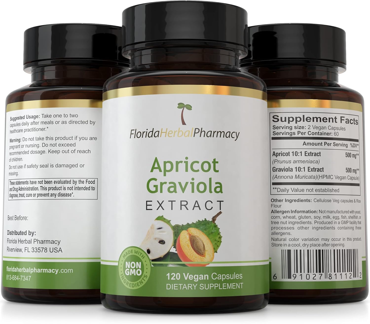 Pack of 3 Florida Herbal Pharmacy Apricot-Graviola Capsules 10:1 (360 Capsules, 500mg)