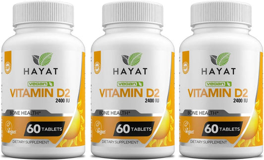 Pack of 3 HAYAT Vitamins Vegan Natural Vitamin D2 2400 IU - Halal Certified