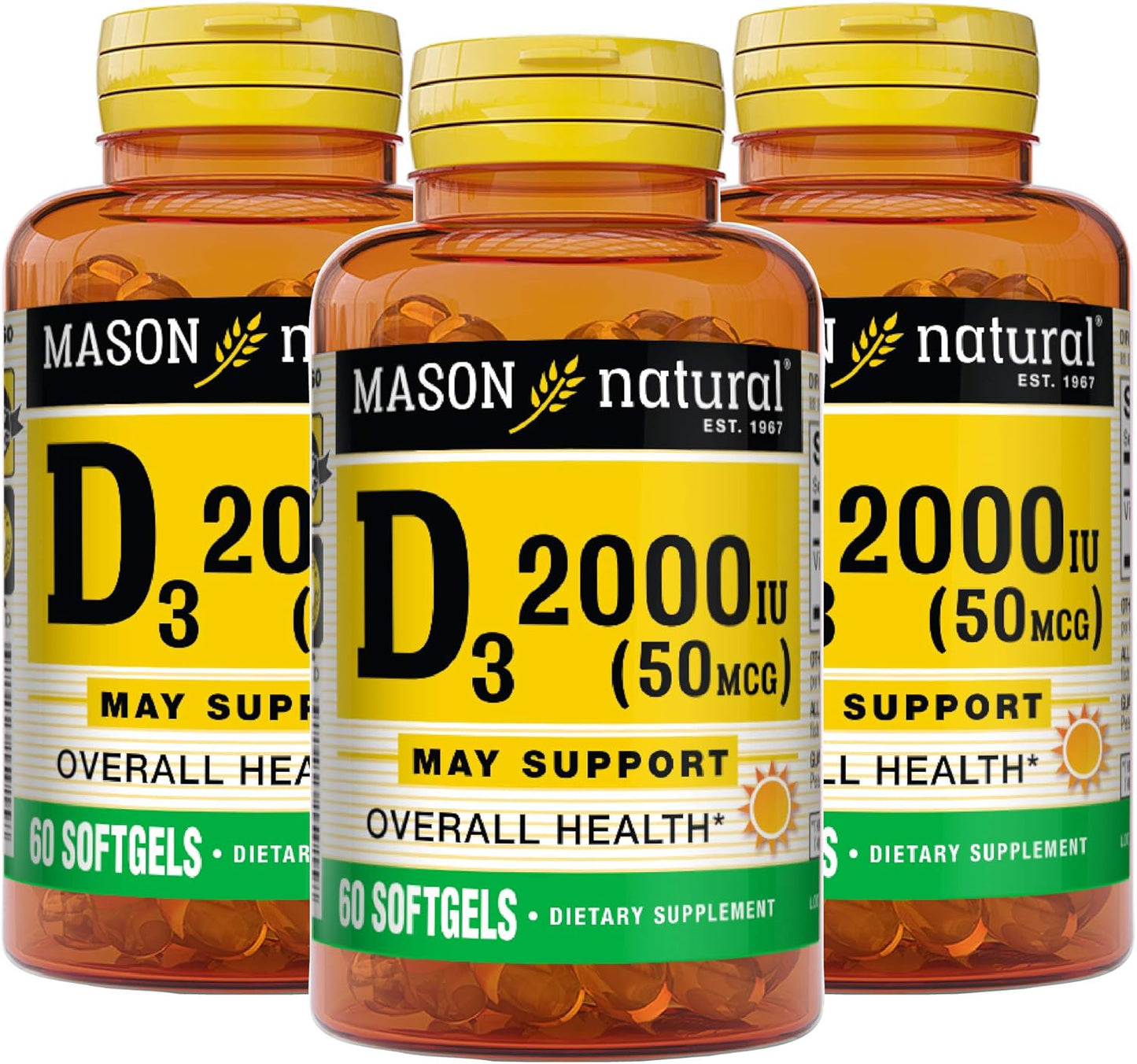 Pack of 3 Mason Natural Vitamin D3 2,000 IU Softgels for Bone and Immune Health