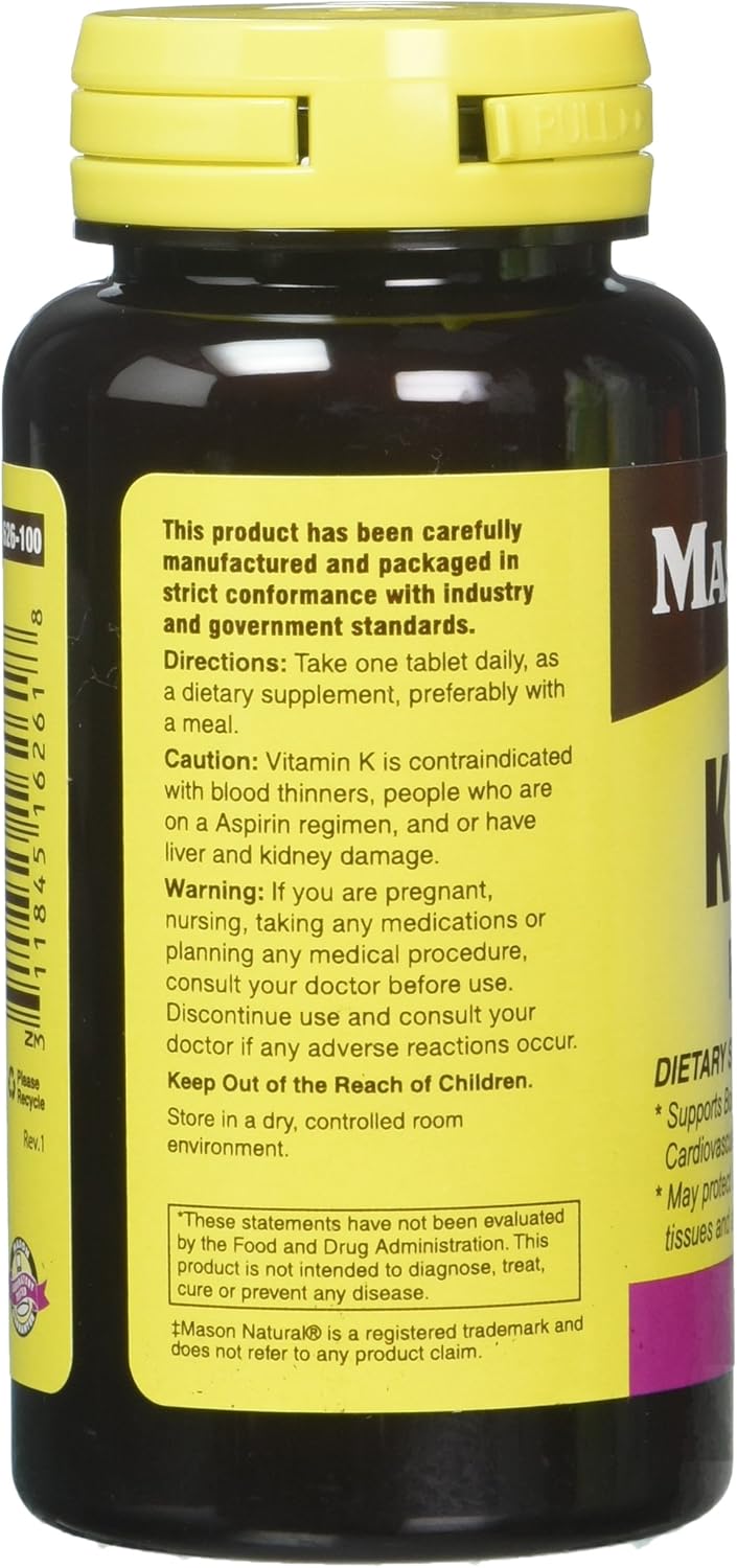 Pack of 3 Mason Natural Vitamin K2 100 mcg Plus D3 1000 IU Tablets - 300 Tablets Total