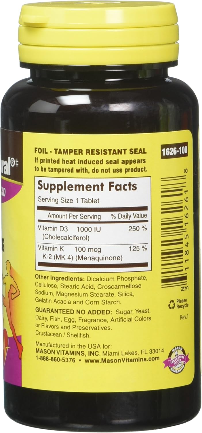 Pack of 3 Mason Natural Vitamin K2 100 mcg Plus D3 1000 IU Tablets - 300 Tablets Total
