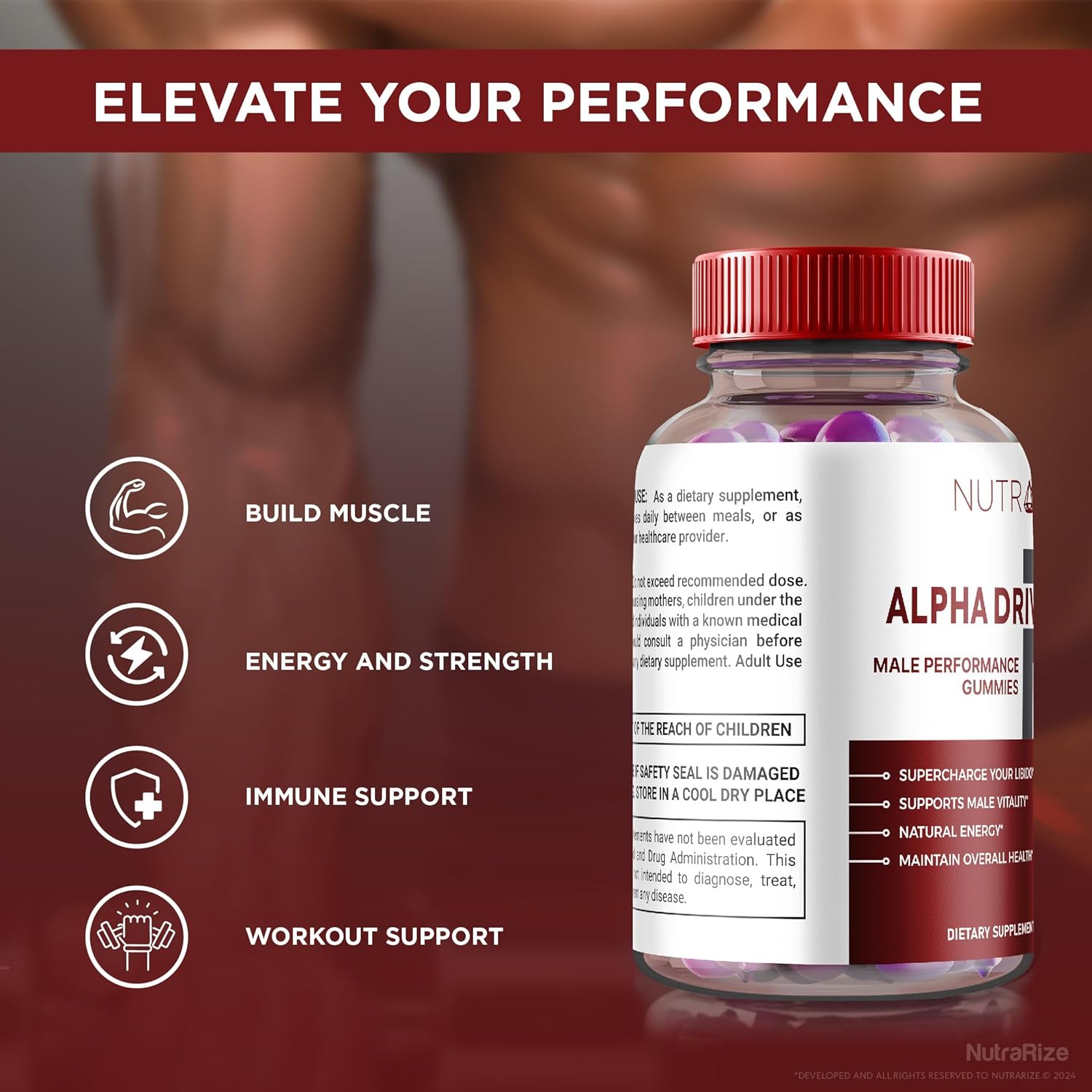Pack of 3 NutraRize Alpha Drive RX Gummies for Men - Daily Supplement for Peak Performance and Well-Being - 180 Gummies