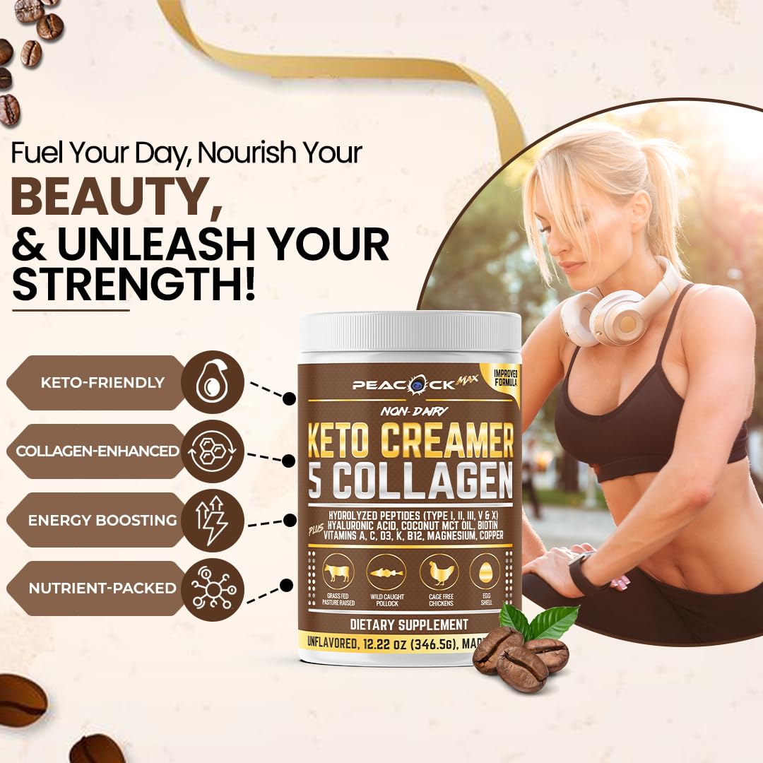 Pack of 3 Peacock Max Collagen Keto Creamer Powder with Coconut MCT, Peptides, Unflavored, Hydrolyzed, B12, Magnesium - 36.66 oz