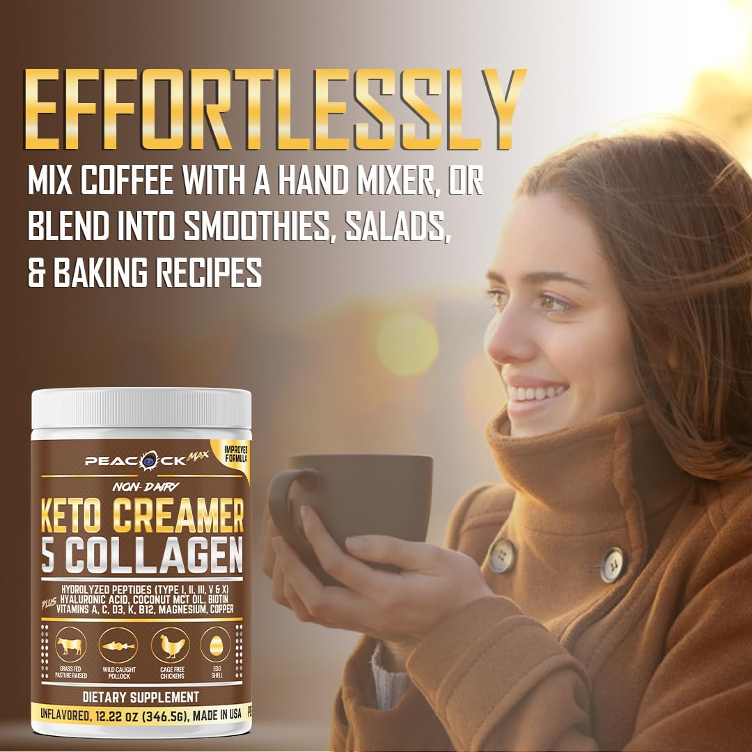 Pack of 3 Peacock Max Collagen Keto Creamer Powder with Coconut MCT, Peptides, Unflavored, Hydrolyzed, B12, Magnesium - 36.66 oz