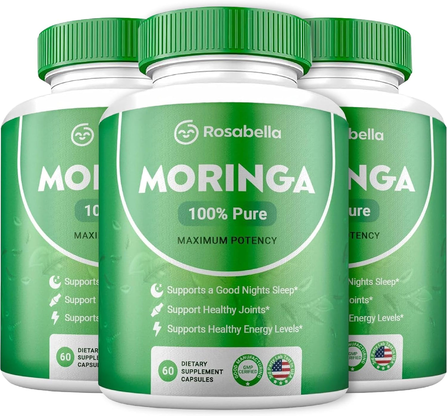 Pack of 3 Rosabella Moringa Powder Capsules for Energy, Skin, Gut Health - Nutrient-Rich Antioxidant Superfood with Essential Vitamins & Amino Acids