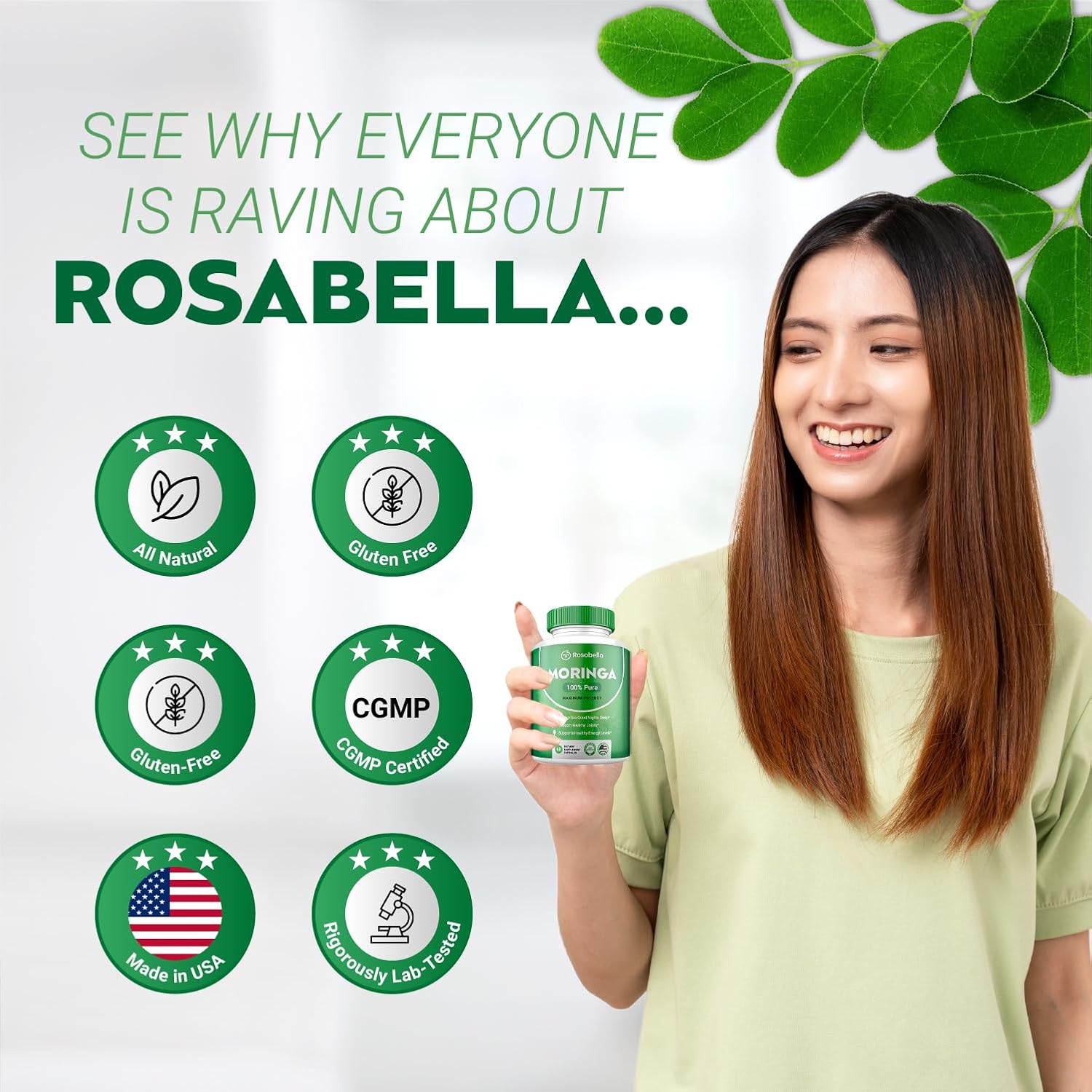 Pack of 3 Rosabella Moringa Powder Capsules for Energy, Skin, Gut Health - Nutrient-Rich Antioxidant Superfood with Essential Vitamins & Amino Acids