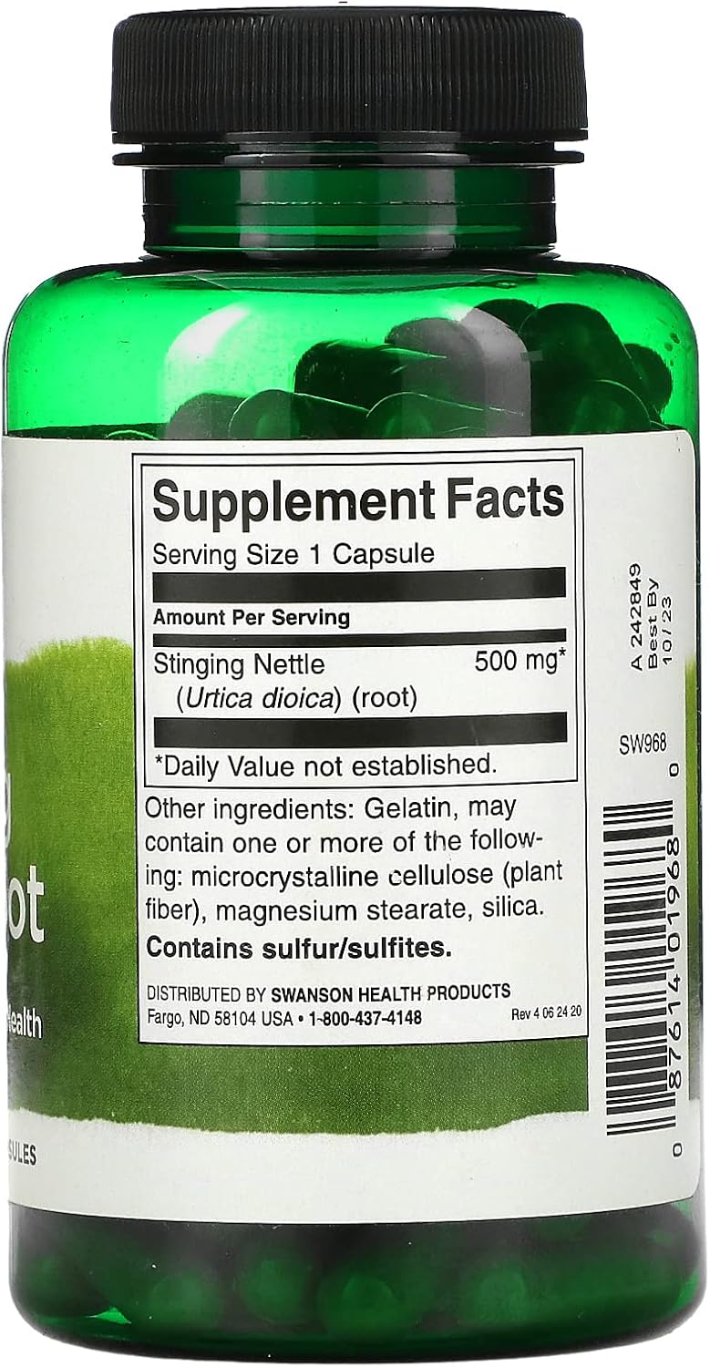 Pack of 3 Swanson Stinging Nettle Root Capsules - 500mg, 100 Count per Bottle