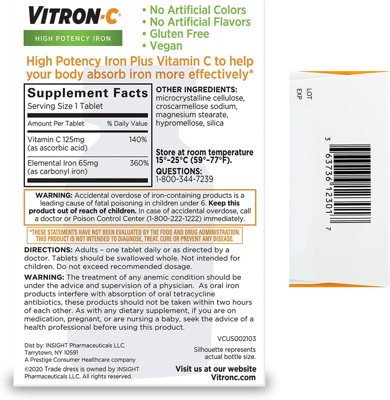 Pack of 4 Vitron-C High Potency Iron Supplements with Vitamin C - 60 Count Each