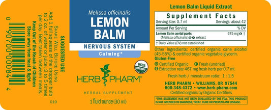 Pack of 5 Herb Pharm Certified Organic Lemon Balm Liquid Extract for Calming Nervous System Support, 1 oz with Organic Cane Alcohol