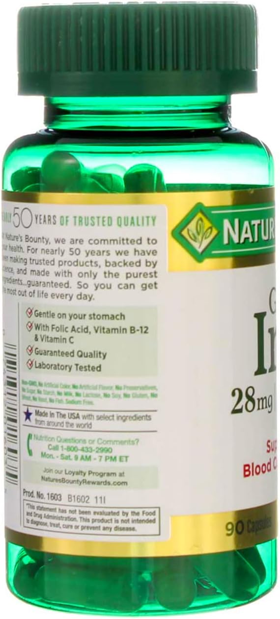 Pack of 5 Nature's Bounty Gentle Iron 28 mg Capsules - 90 Count